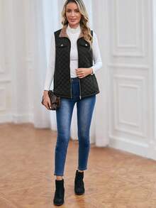 EMERY ROSE Zip Up Teddy Lined Vest Quilted Coat - Black - View 5