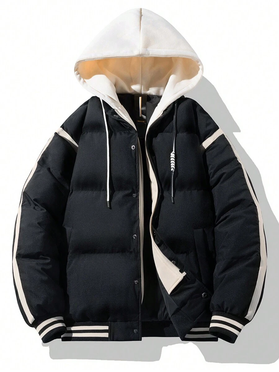 Men Striped Trim Drawstring Hooded Padded Coat - Black - View 1