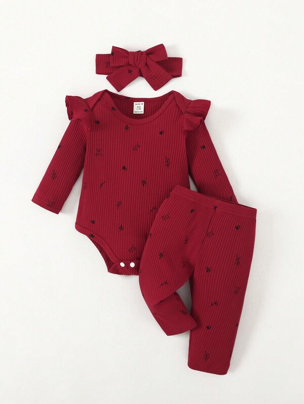 SHEIN Playful Pals Niña recién nacida Body con estampado de plantas ribete con fruncido con pantalones con banda cabeza