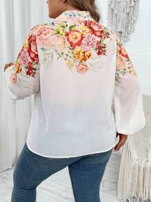 SHEIN LUNE 大碼印花燈籠袖雪紡襯衫 - 白色 - 查看 2