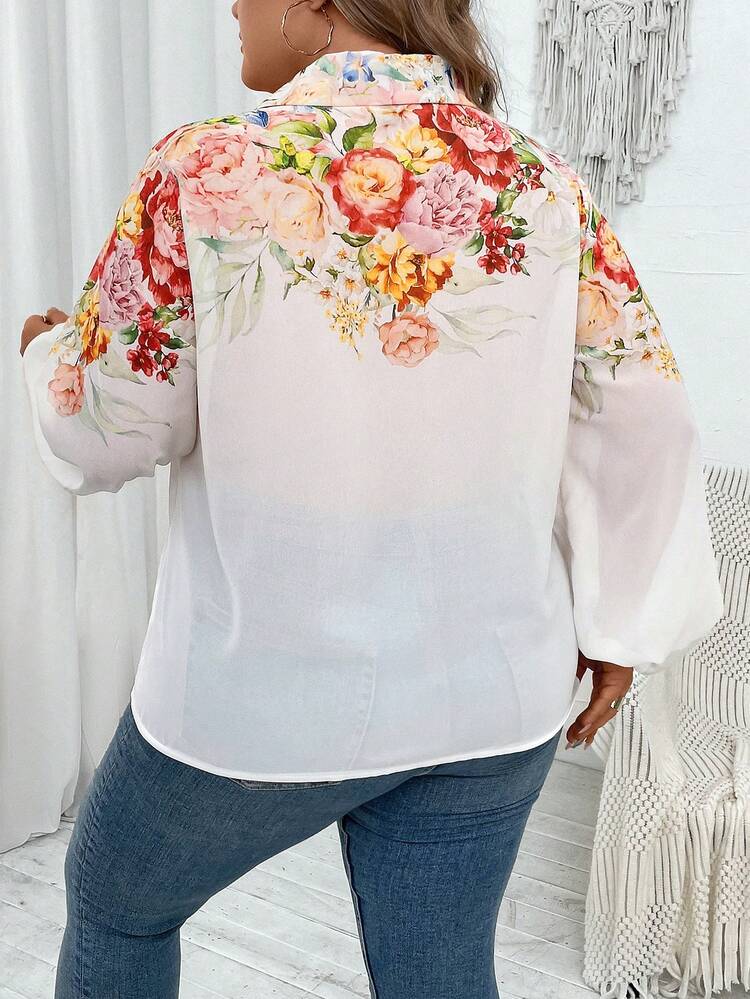 Plus Floral Print Lantern Sleeve Chiffon Shirt
