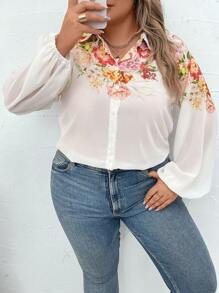 SHEIN LUNE 大碼印花燈籠袖雪紡襯衫 - 白色 - 查看 3