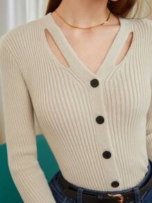 BizChic Cut Out Button Front Ribbed Knit Cardigan