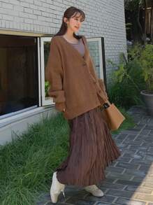 DAZY Solid Drop Shoulder Cardigan - Coffee Brown - View 5