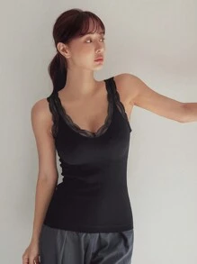 DAZY Contrast Lace Thermal Underwear Top,Thermal Lined Fall,Winter - Black - View 3