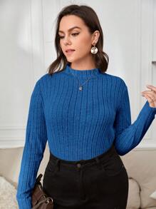 SHEIN Essnce Talla grande Camiseta de cuello alto tejido de canalé - azul real - Ver 3
