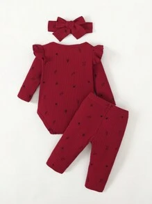 SHEIN Playful Pals Newborn Baby Girl Plants Print Ruffle Trim Bodysuit & Pants & Headband
