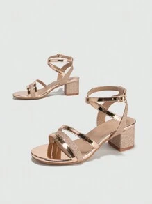 女士新款夏季法式绑带时尚舒适露趾粗跟凉鞋 - 香檳色 - 查看 4