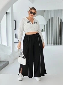 SHEIN Essnce 大碼拼接滾邊闊腿褲 - 黑色 - 查看 6