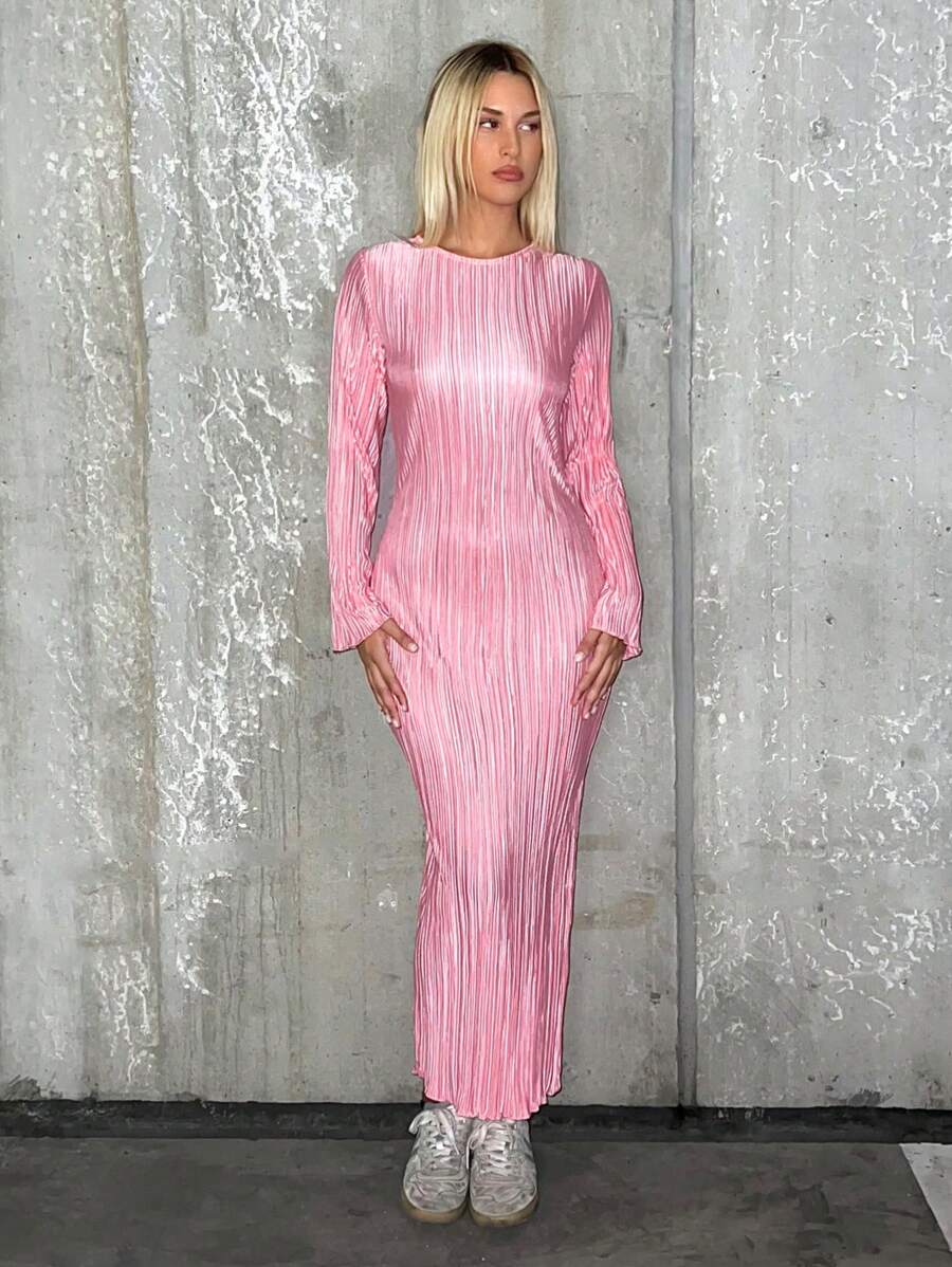 SHEIN EZwear Plisse Split Thigh Bodycon Dress - Pink - View 1