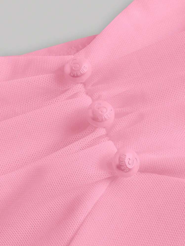 SHEIN MOD כתפיים חשופות כיווצי בד מכפלת מעוגלת חולצה חתוכה - ורוד - ראה 4