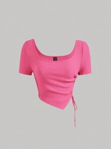 SHEIN MOD Bên dây rút Viền không đối xứng Áo thun - Màu Hồng Tươi - Xem 1
