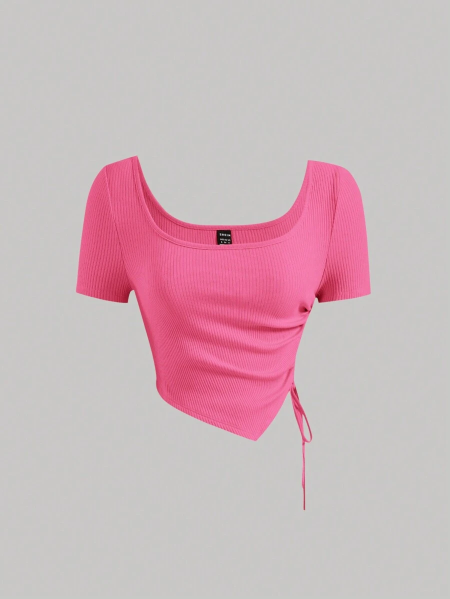 SHEIN MOD Bên dây rút Viền không đối xứng Áo thun - Màu Hồng Tươi - Xem 1