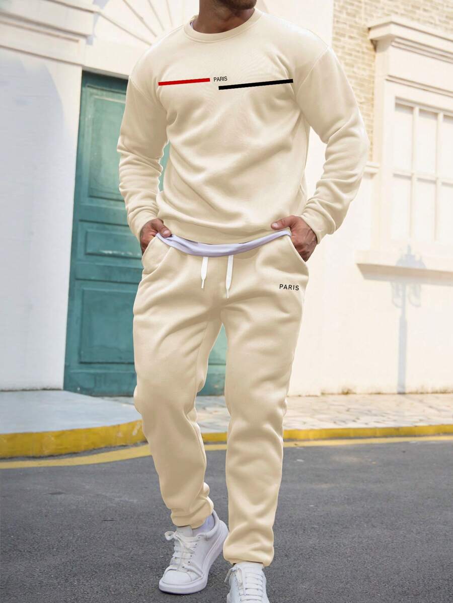 Manfinity Homme 男士加字母圖案運動衫和抽繩腰運動褲 - 卡其色 - 查看 1