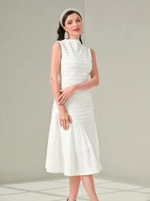 Modelyn 纯色立领无袖 A 字形连衣裙 长款女士装 长款晚礼服 - 白色 - 查看 4