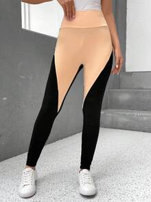 SHEIN Essnce Two Tone Wideband Waist 2 In 1 Leggings - Khaki - View 4