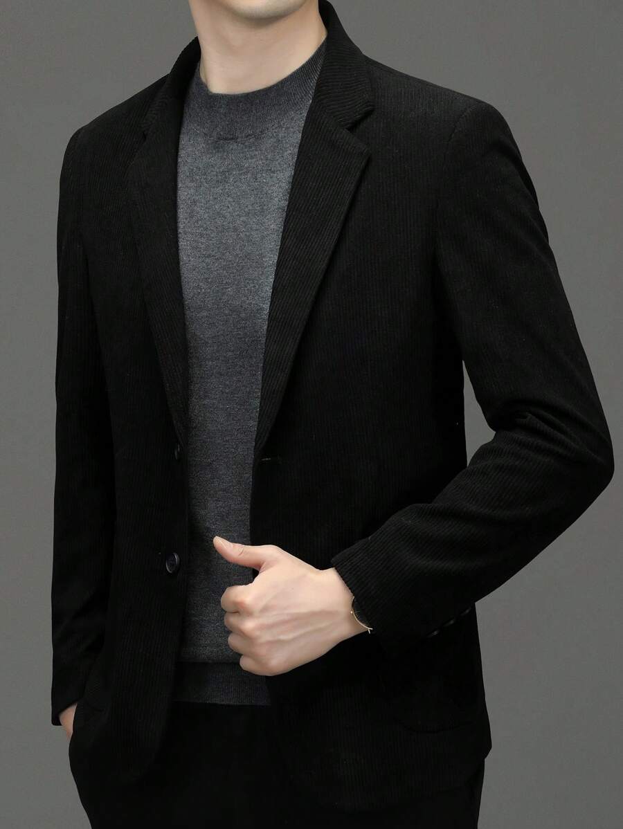 Men Lapel Collar Single Breasted Blazer - Black - View 1