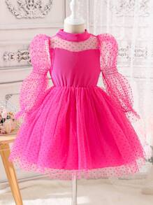 SHEIN Glamorique Kids Young Girl Contrast Dobby Mesh Virago Sleeve Mock Neck Dress Pink Princess Dressgirls Pink Party Dresspink Tutu Dresspuff Sleeve Dress For Kidsdress Pink Young Girl,Holiday,Summer,Travel