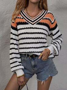 SHEIN LUNE 條紋圖案落肩袖套頭毛衣 - 彩色 - 查看 6