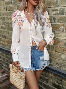SHEIN VCAY Floral Print Button Front Shirt - Multicolor - View 3