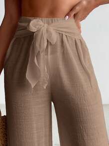 Elenzga 素色前繫帶闊腿罩衫長褲 - 卡其色 - 查看 5