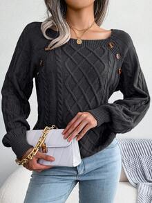Cable Knit Button Detail Raglan Sleeve Jumper - Black - View 4