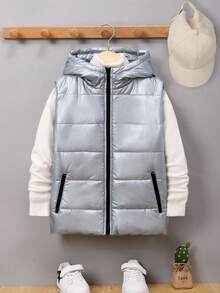 SHEIN Tween Boy 1pc Áo khoác có mũ trùm đầu có khóa kéo - Bạc - Xem 3