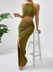 SHEIN Privé 素色繞頸短上衣&前扭結高衩半身裙 - 軍綠色 - 查看 5