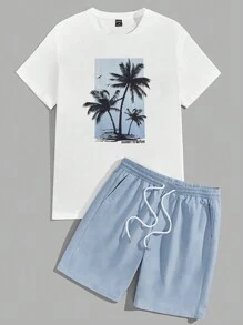 Manfinity BRENVOR Men Tropical Print Tee & Drawstring Waist Shorts, Vacation, Cozy Outfits - Dusty Blue - View 4