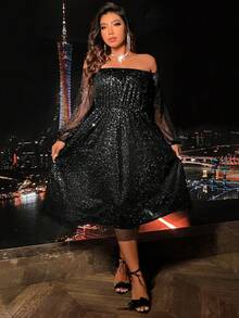 Plus Off Shoulder Lantern Sleeve Sequin Mesh Overlay Dress - Black - View 6