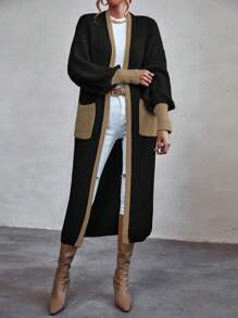 SHEIN Clasi Cárdigan con recorte en contraste, bolsillos duales y hombros caídos, blusas de manga larga