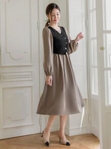 DAZY Lantern Sleeve Tie Back 2 In 1 Dress - Coffee Brown - View 4