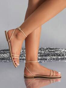 Women's Fashionable Round Toe Metal Strap Flat Sandals With Ankle Strap & Comfortable Design,Spring Summer Outfits - Khaki - View 6