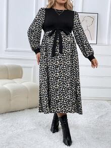 SHEIN Thai sản In hoa Báo Tay áo lồng đèn Váy có thắt lưng - Lạc đà - Xem 5