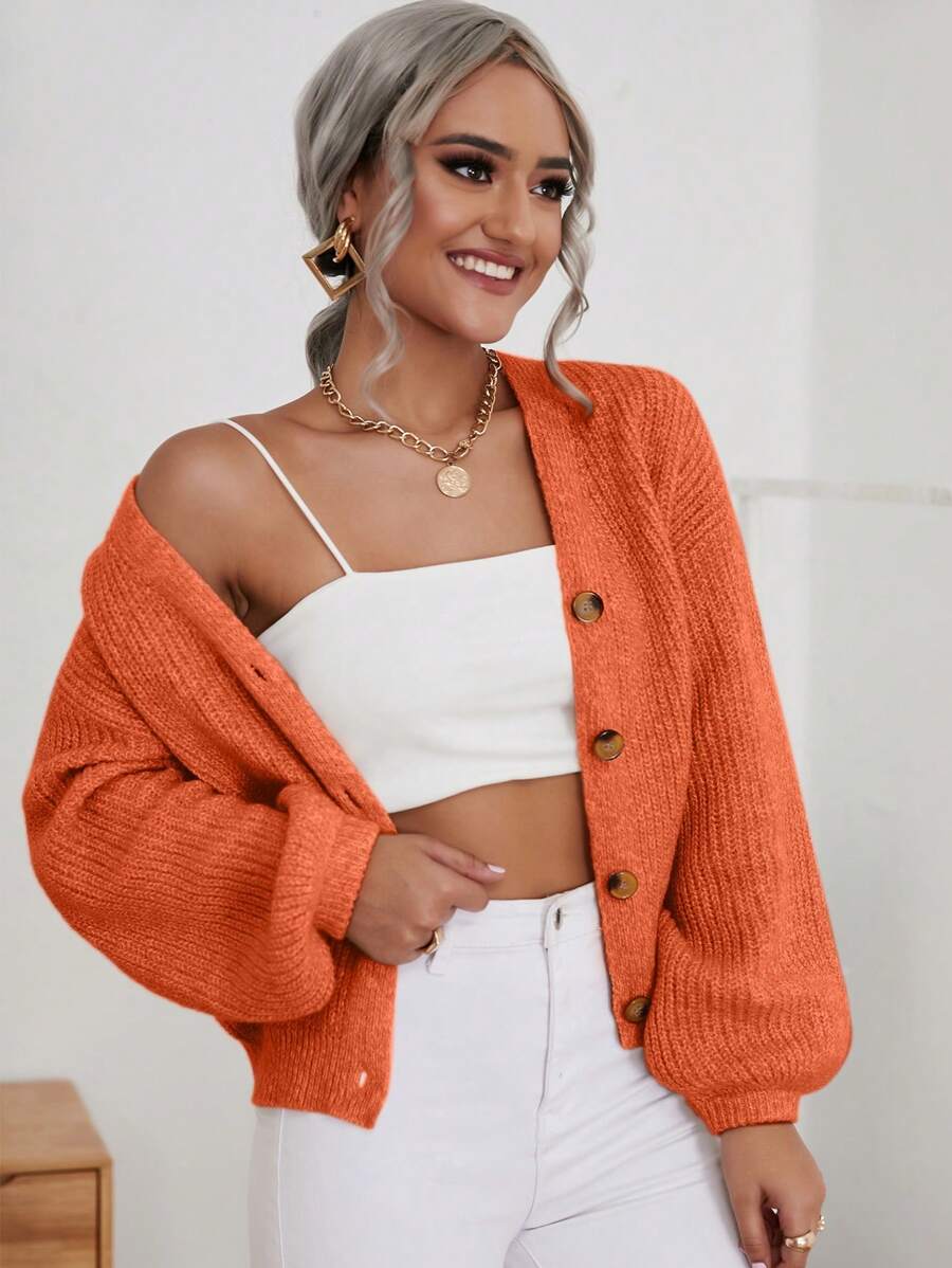 SHEIN Frenchy Chất rắn Nút phía trước Tay áo Đèn lồng Áo len Mở - trái cam - Xem 1