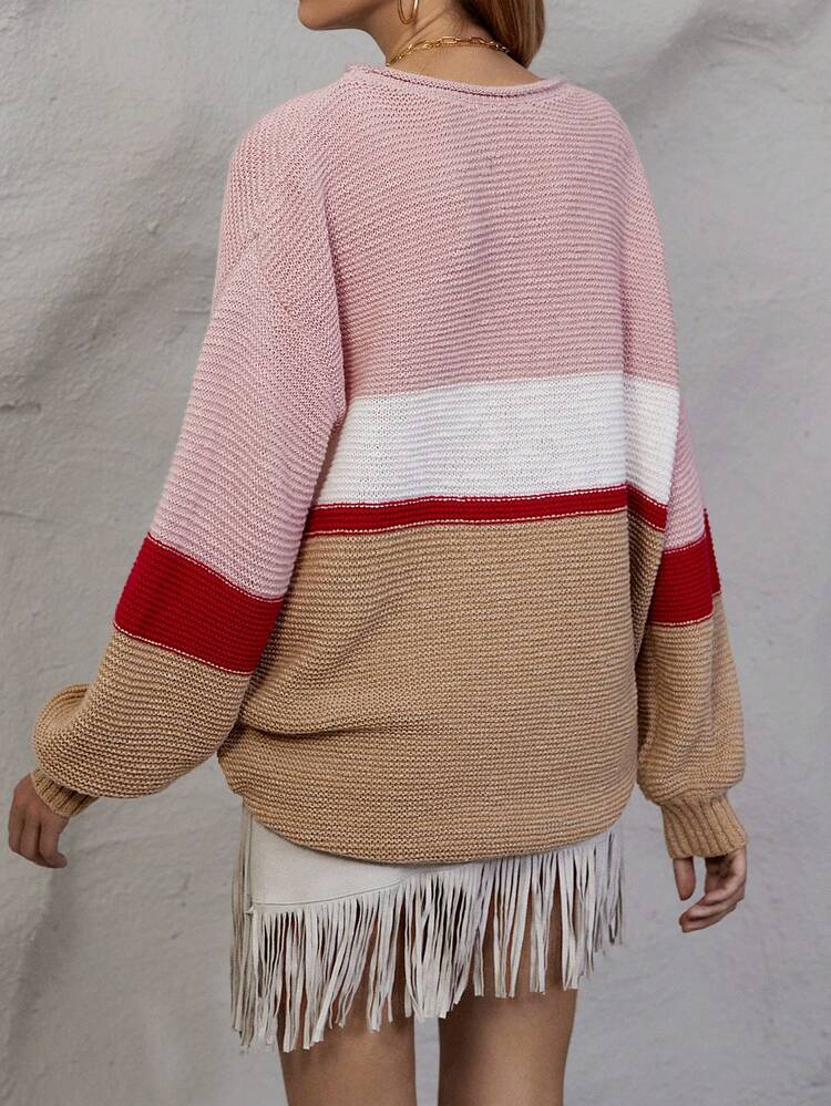 Color Block Drop Shoulder Knit Pullover Fall Winter Sweater