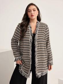 Modelyn Plus Plaid Print Raw Trim Open Front Tweed Overcoat Fall Cloth For Women - Black and White - View 1