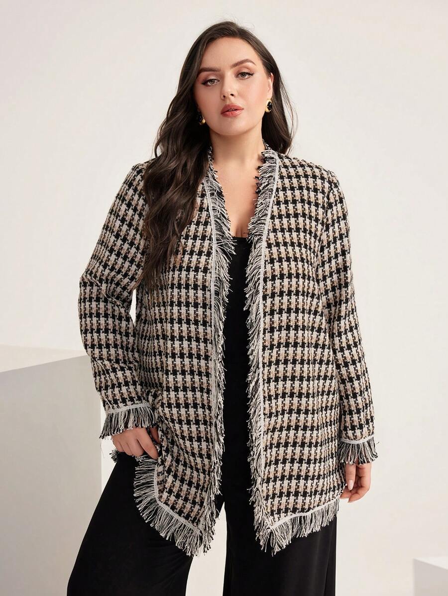 Modelyn Plus Plaid Print Raw Trim Open Front Tweed Overcoat Fall Cloth For Women - Black and White - View 1