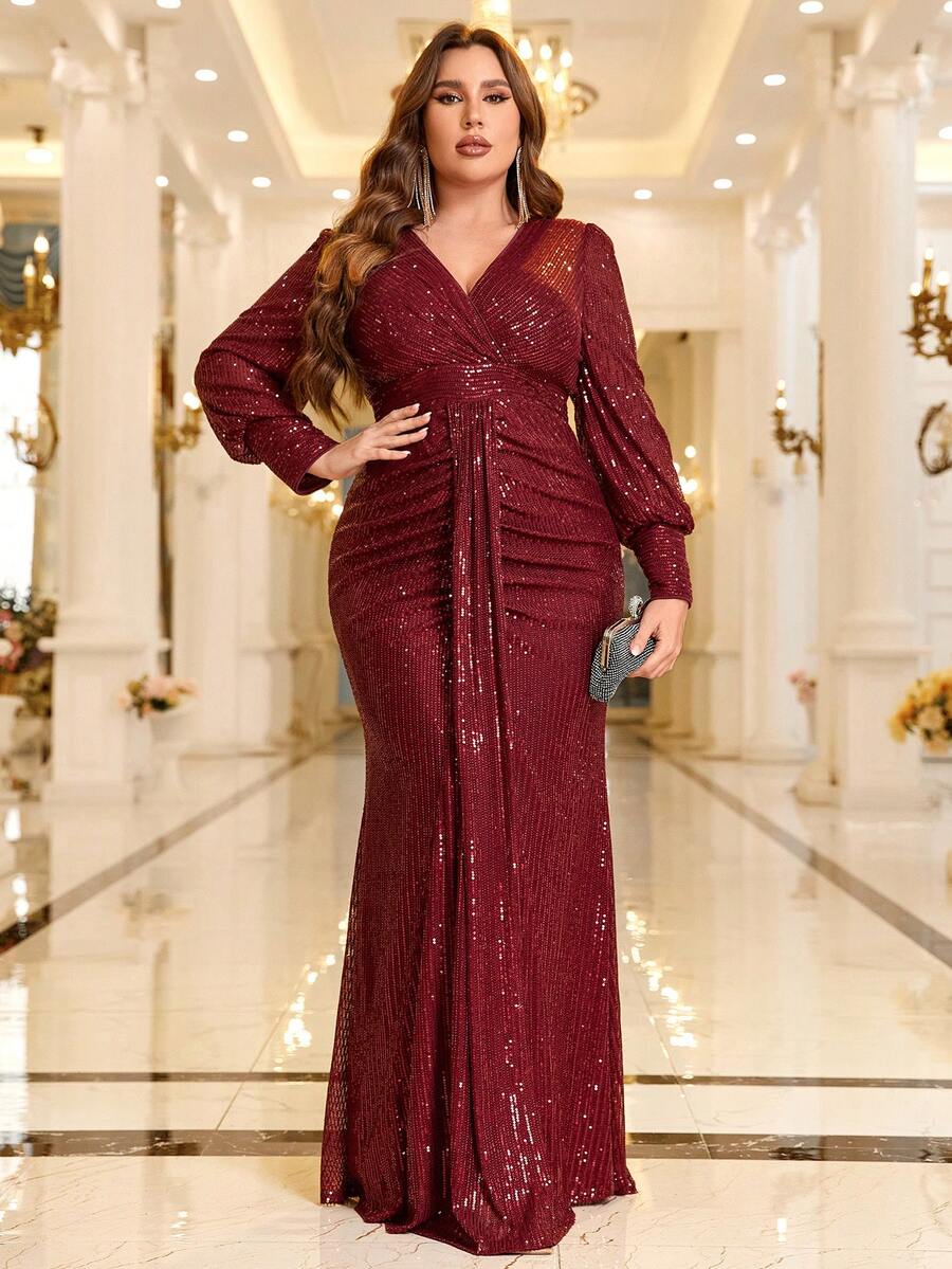 Plus Draped Detail Sequin Prom Dress - Burgundy - View 1