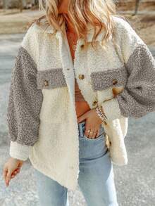 CILKOO Two Tone Drop Shoulder Teddy Coat - Grey - View 4