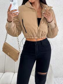 SHEIN PETITE Áo khoác đệm vai thả khóa kéo viền rút - màu nâu - Xem 5