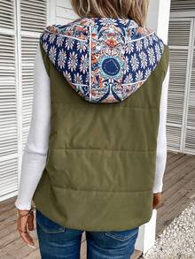 SHEIN LUNE Geo Print Drawstring Hooded Vest Padded Coat - Green - View 2