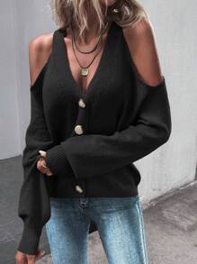 SHEIN LUNE Cold Shoulder Button Front Cardigan Fall Winter Cloth For Women