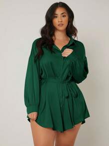 SHEIN Essnce Hơn Thả vai Thắt lưng Áo sơ mi - Màu xanh lá cây đậm - Xem 1