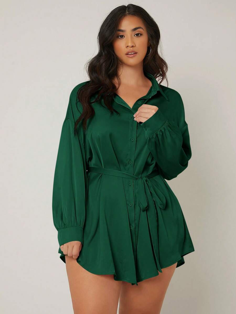 SHEIN Essnce Hơn Thả vai Thắt lưng Áo sơ mi - Màu xanh lá cây đậm - Xem 1