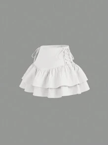 SHEIN MOD Lace Up Side Layered Ruffle Hem Eyelet Lace-Up Decoration White Skirt - White - View 3