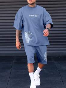 Manfinity 男士大码標語圖案T恤和短褲 - 藍色 - 查看 1