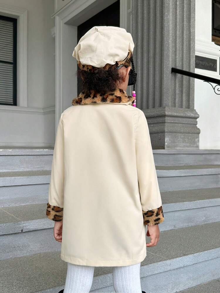 Young Girl Leopard Print Double Breasted Coat With Bag