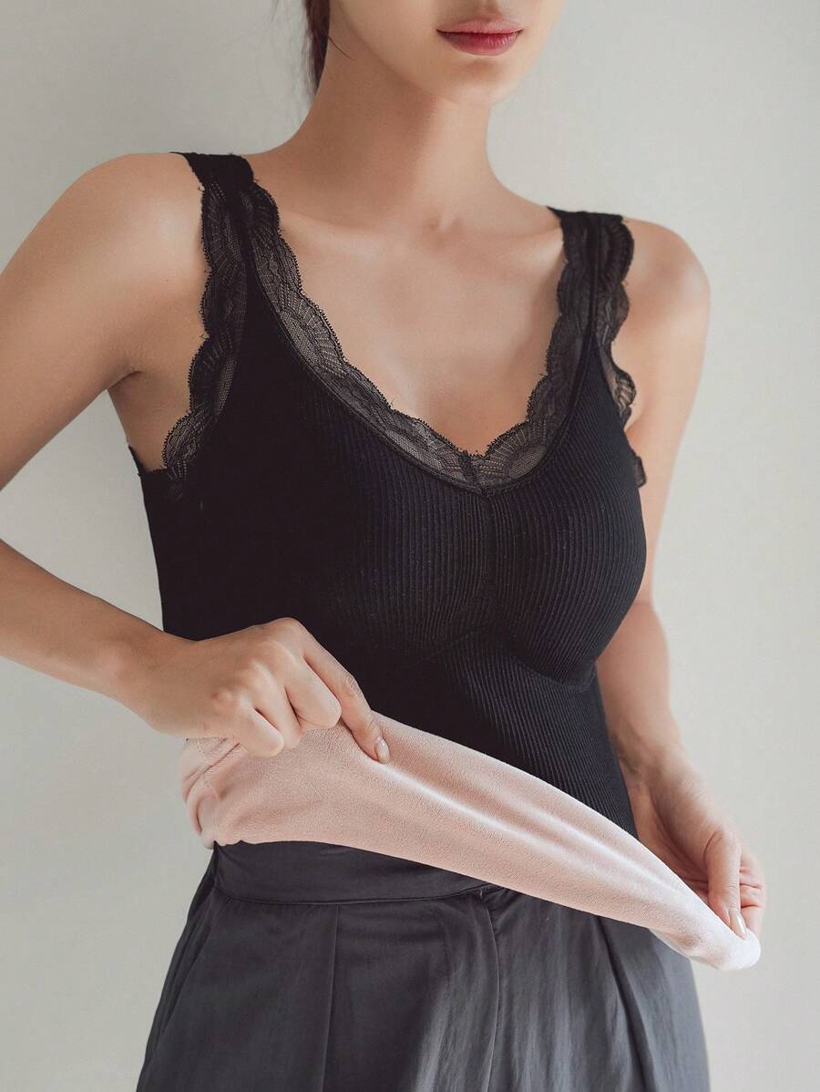 DAZY Contrast Lace Thermal Underwear Top,Thermal Lined Fall,Winter - Black - View 1