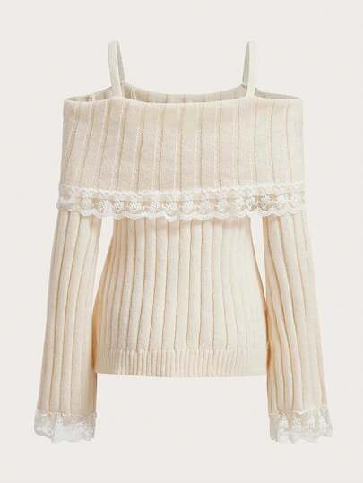 Sweetra Plus Contrast Lace Cold Shoulder Sweater Knit Pullover Fall Winter Autumn Sweater